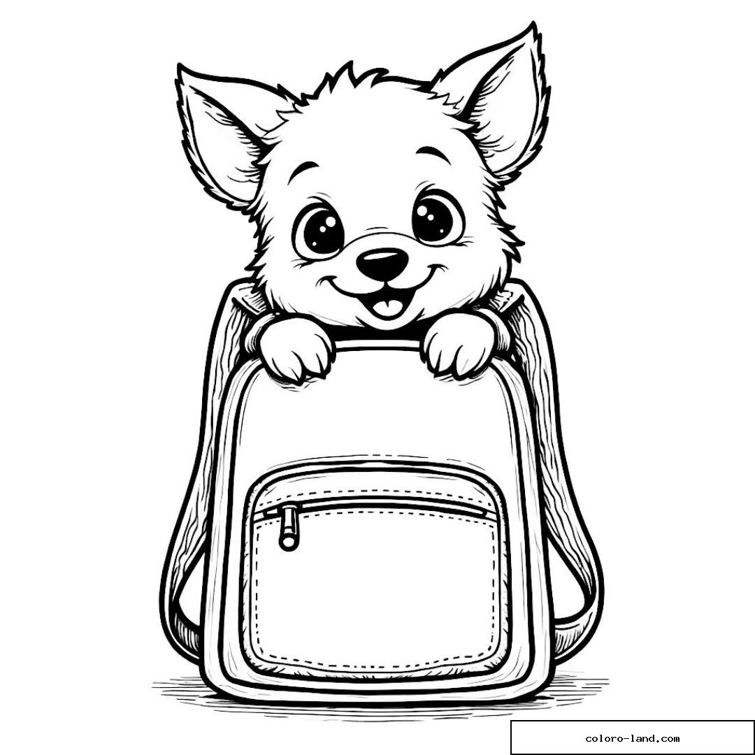 Coloriage chiot tenant un sac à dos pour enfants