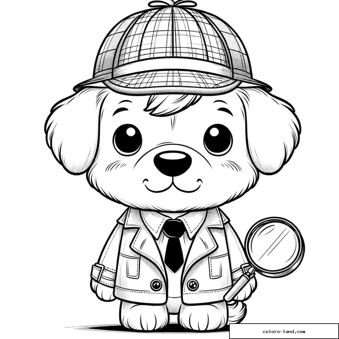 Coloriage d'un Chien mignon déguisé en détective