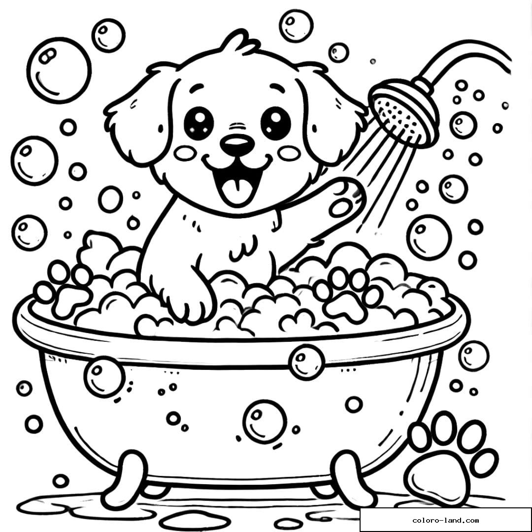 Coloriage de chien prenant un bain à imprimer, dessin à colorier pour enfants