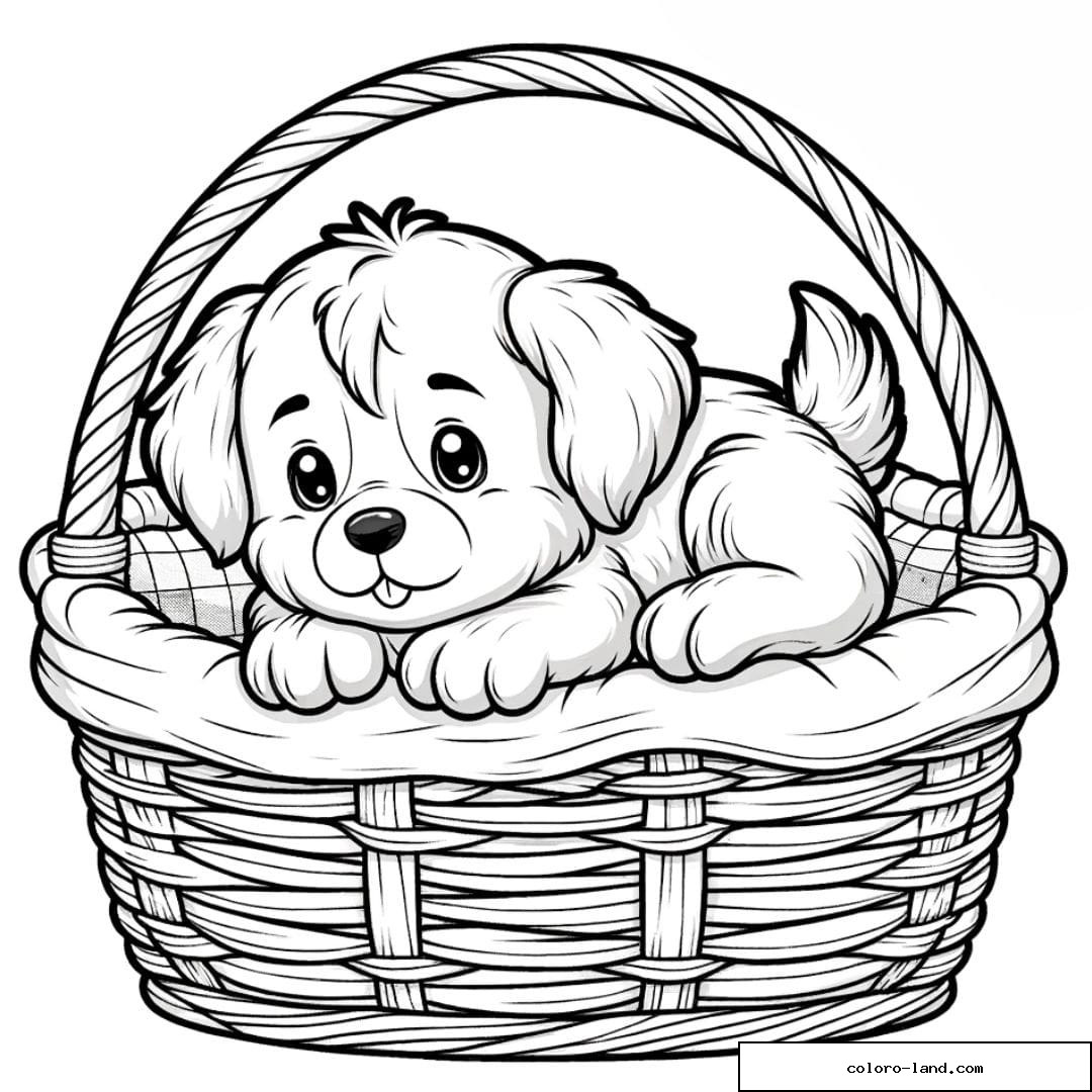 Coloriage d'un Chiot mignon reposant dans un panier