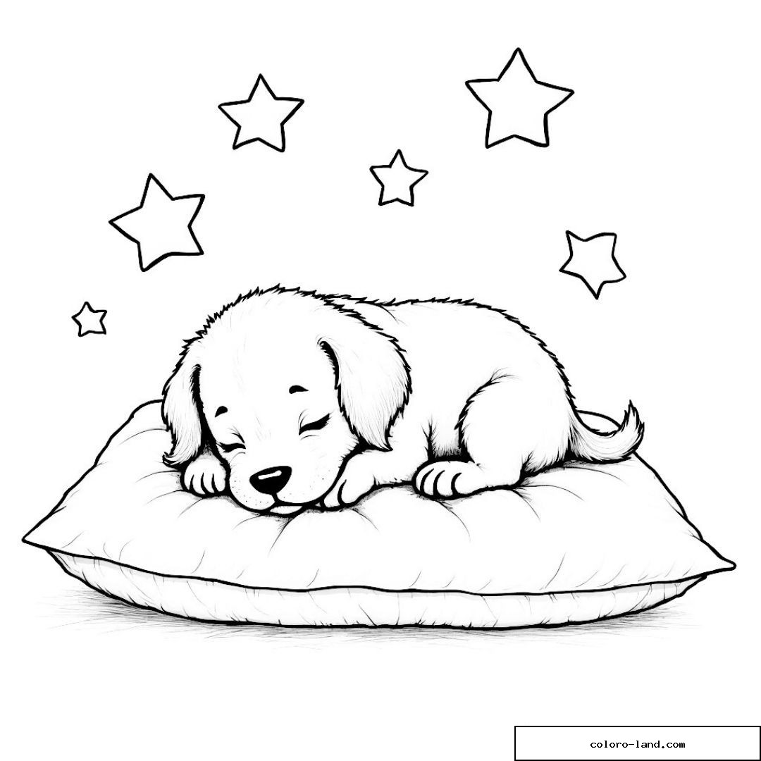 Dessin de chiot endormi sur coussin avec étoiles pour coloriage.