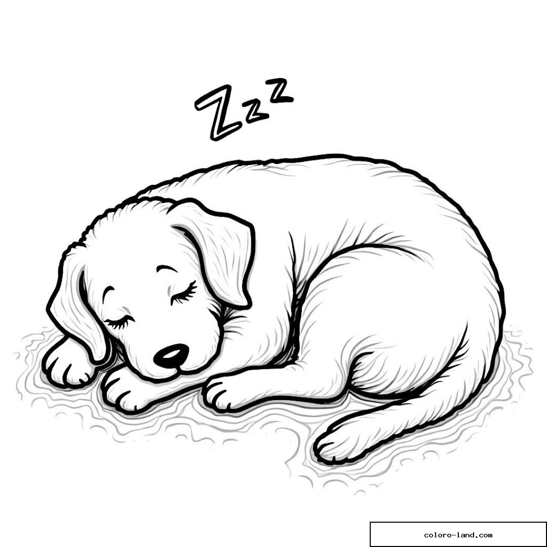 Coloriage d'un chiot endormi paisiblement pour enfants.