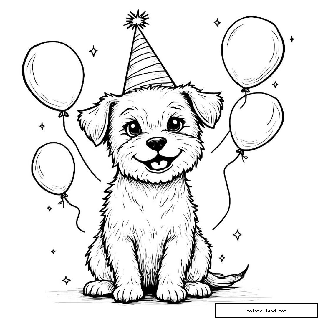 Chiot mignon avec chapeau de fête et ballons