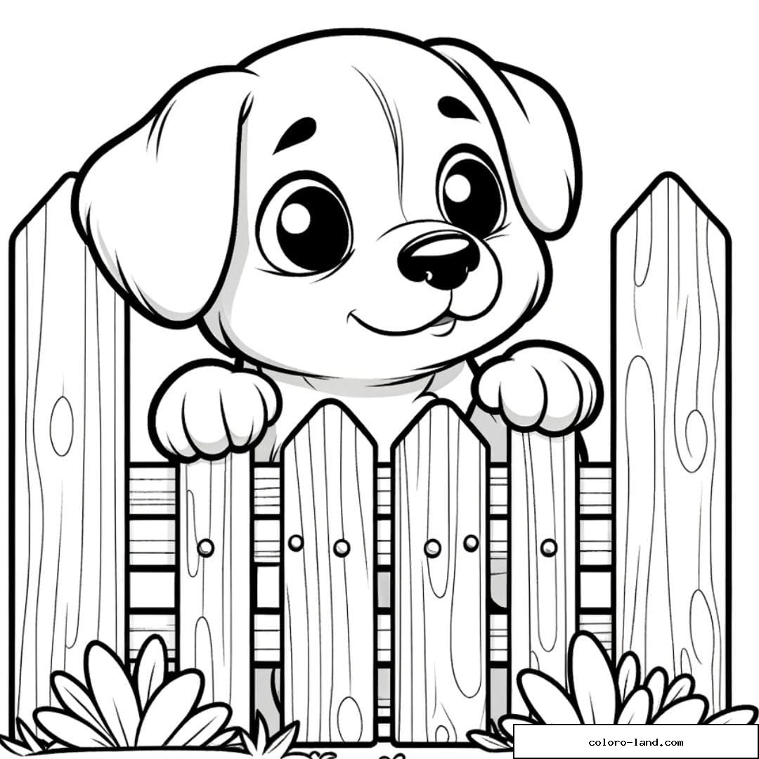 Coloriage d'un Chiot mignon regardant à travers une clôture