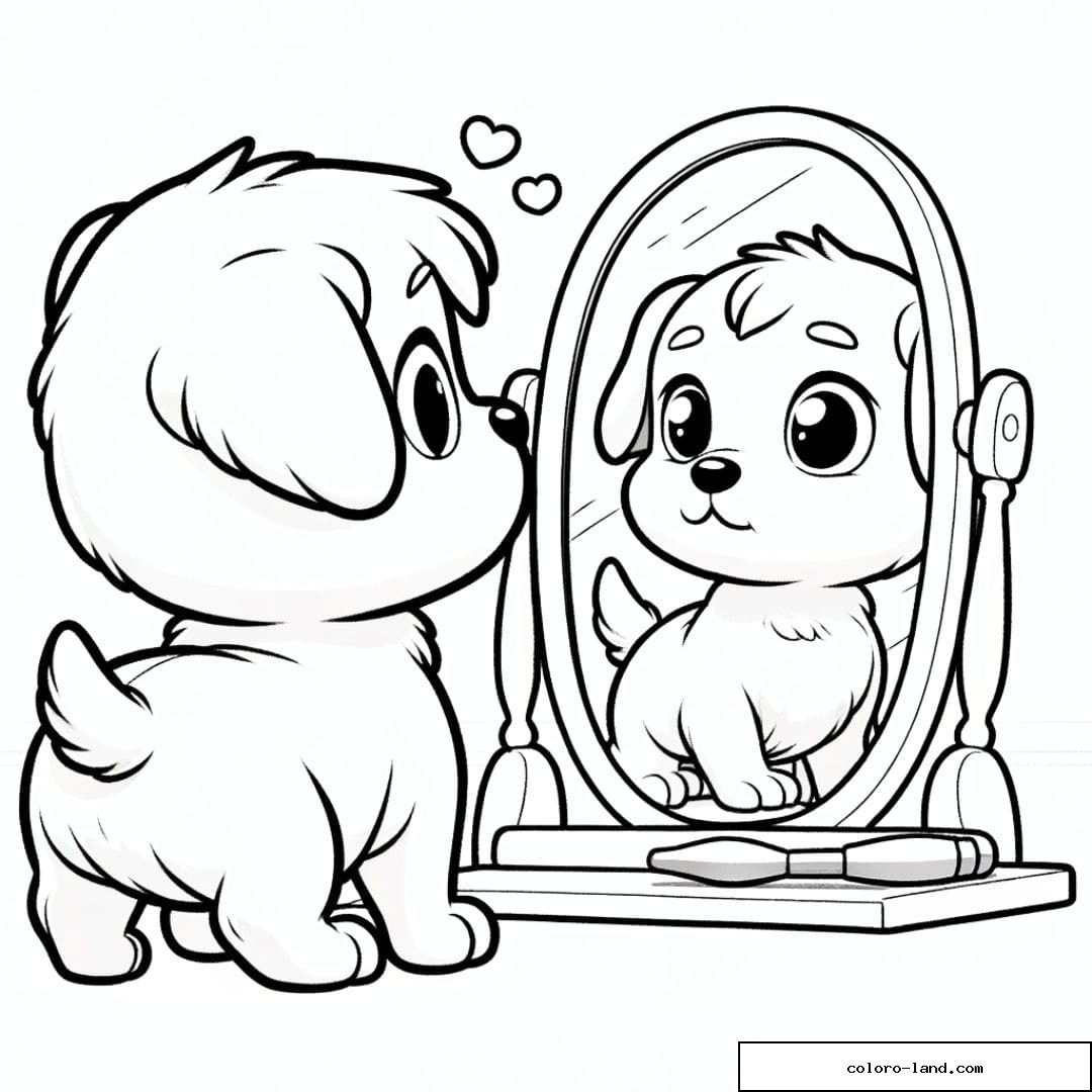 Coloriage d'un Chiot mignon regardant dans un miroir
