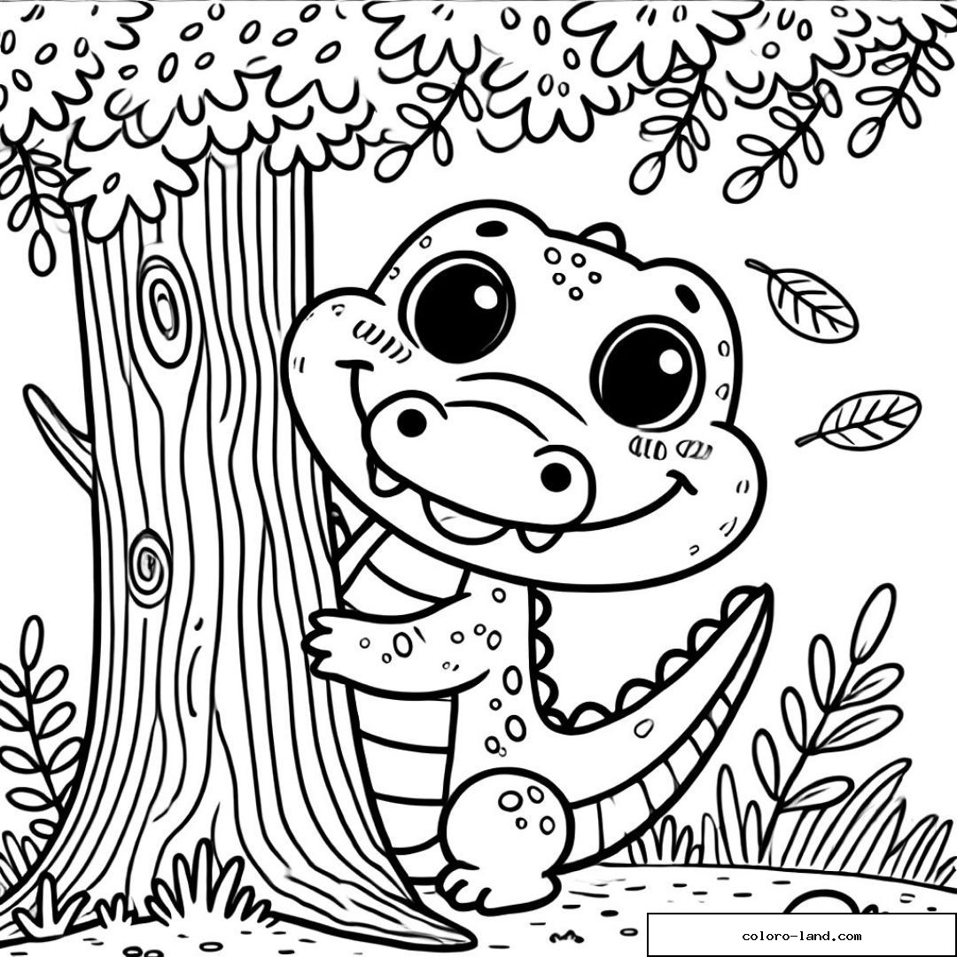Bébé crocodile souriant passant la tête derrière un tronc d'arbre
