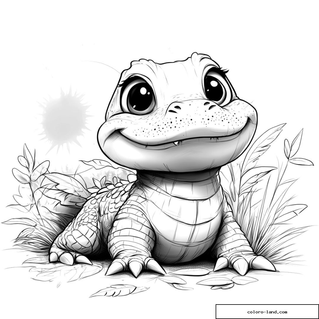 Bébé crocodile assis souriant entouré de hautes herbes