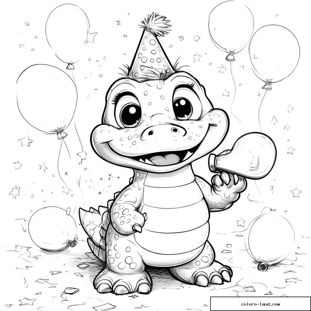 Petit crocodile en chapeau de fête entouré de ballons et confettis