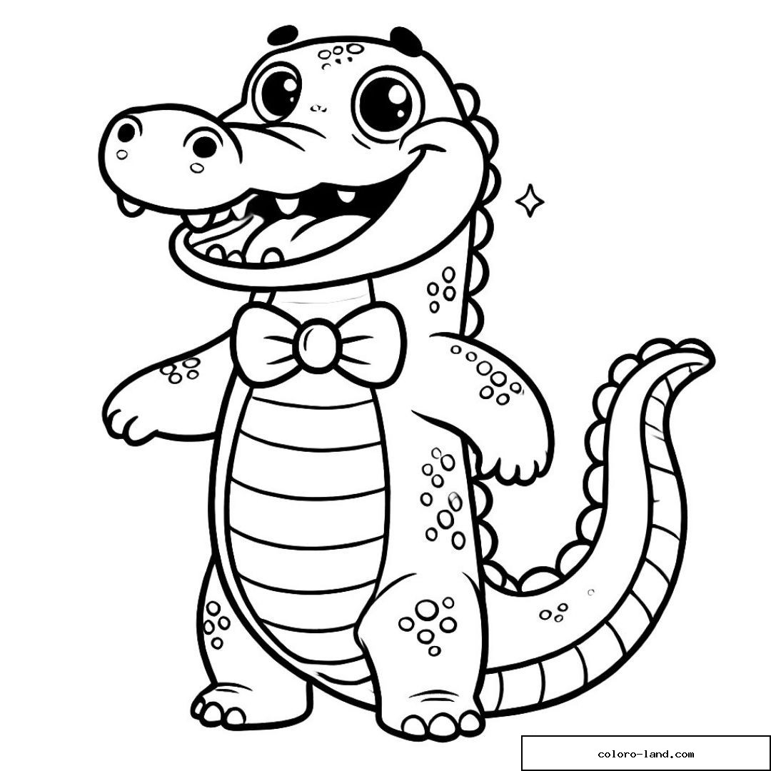 Alligator debout portant un nœud papillon, gueule ouverte souriante