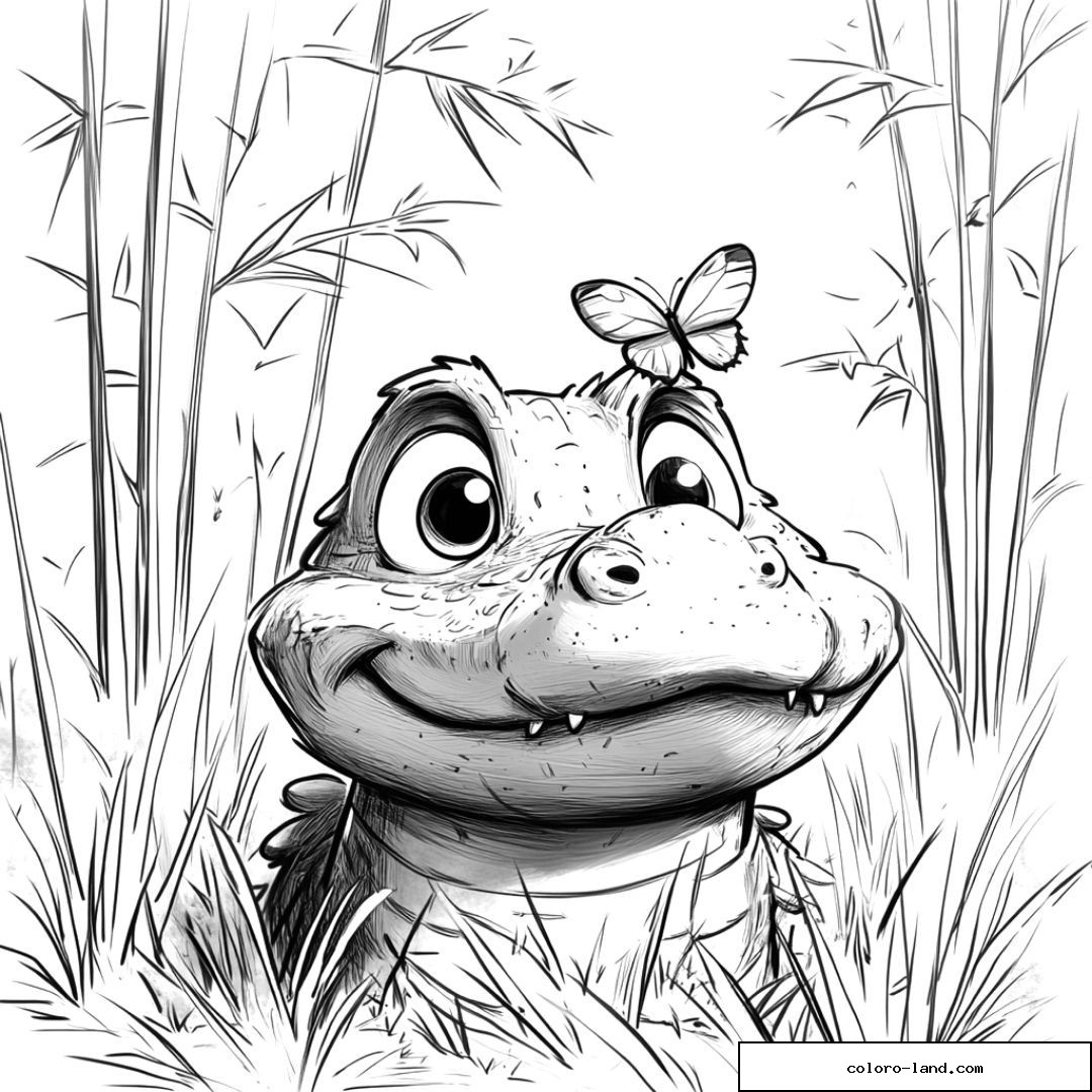 Papillon posé sur la tête d'un jeune crocodile entre des bambous