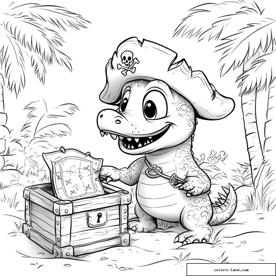 Crocodile pirate examinant une carte devant un coffre au trésor