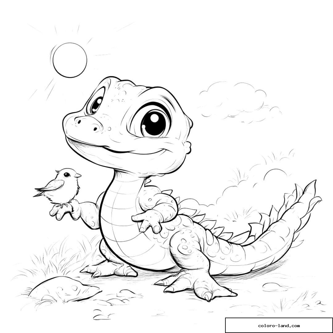 Petit oiseau posé sur la patte d'un bébé crocodile souriant