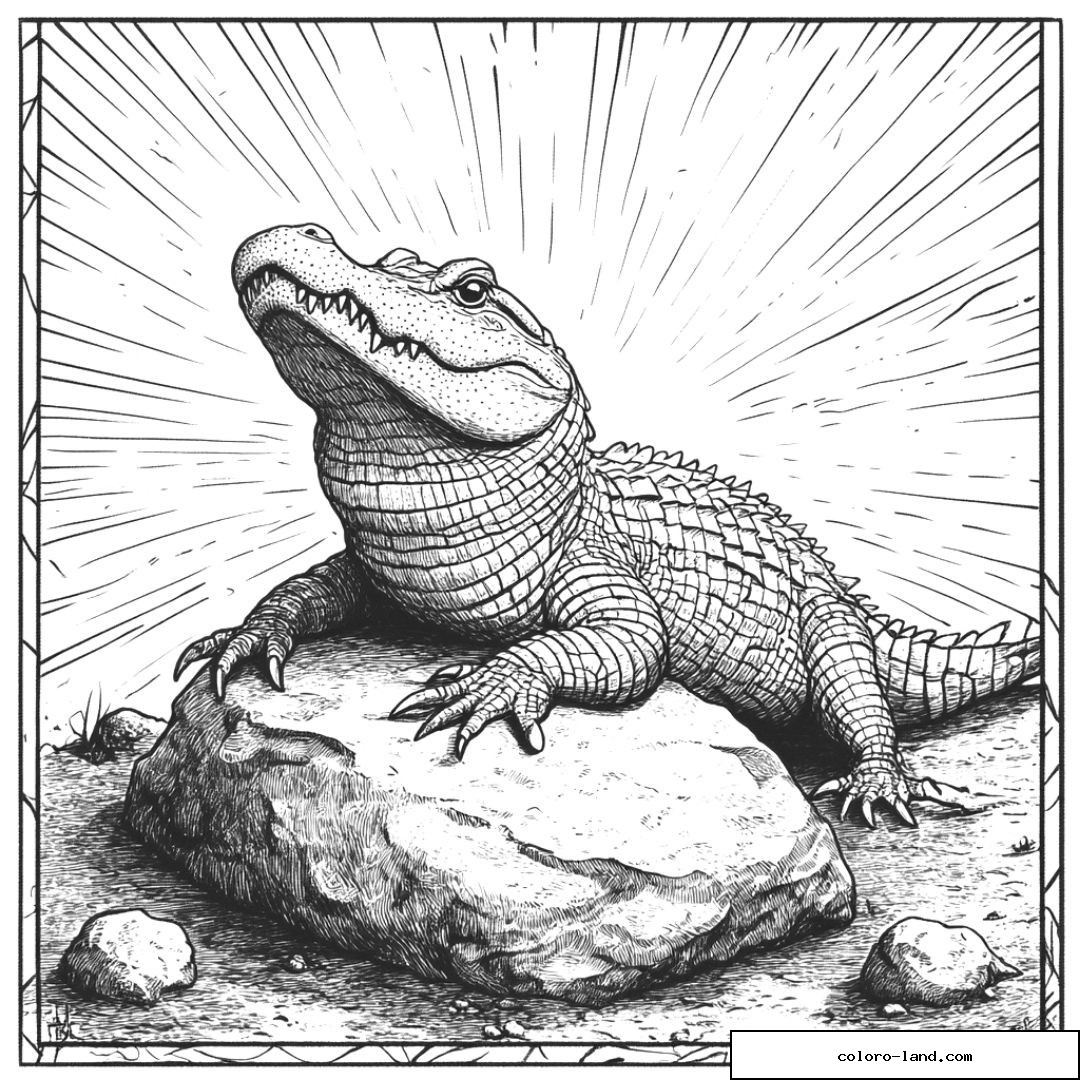 Alligator réaliste posé sur un rocher avec des rayons de soleil