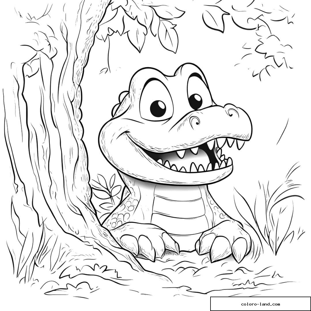 Jeune crocodile souriant émergeant du sol sous un arbre feuillu