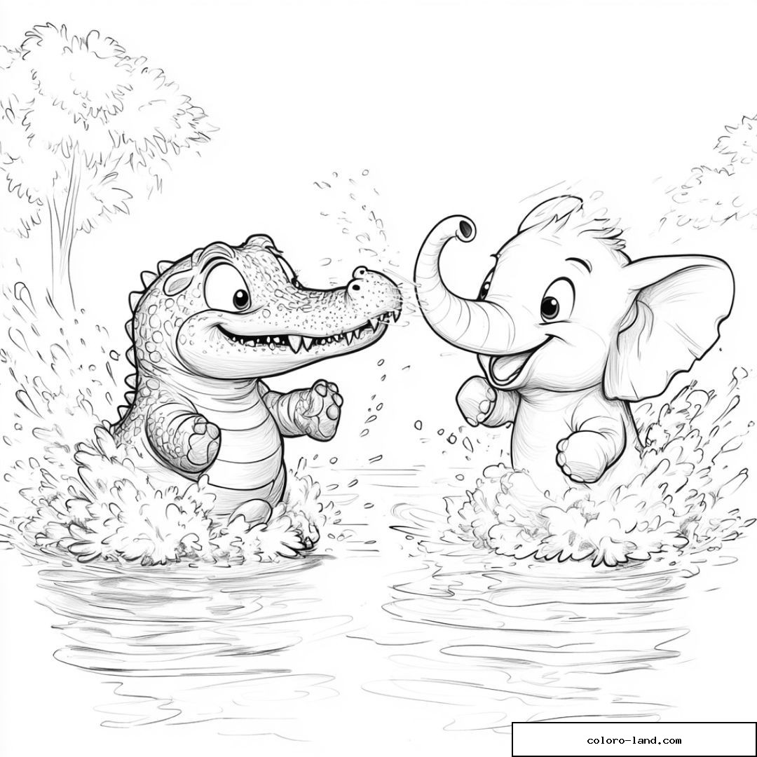 Crocodile et jeune éléphant jouant dans l'eau avec des éclaboussures