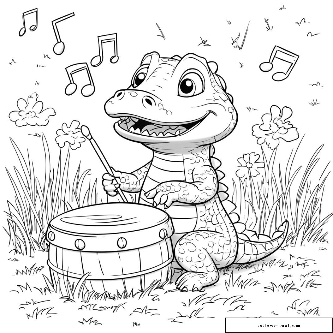 Bébé crocodile jouant du tambour entouré de notes de musique