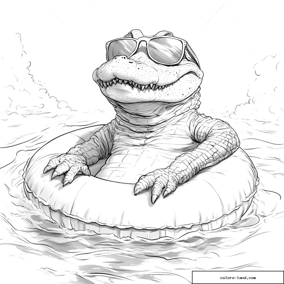Alligator à lunettes de soleil détendu dans une bouée ronde