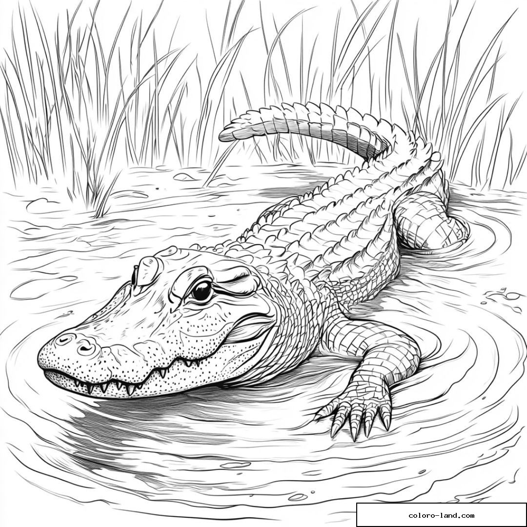 Jeune alligator souriant au bord de l'eau sous un palmier