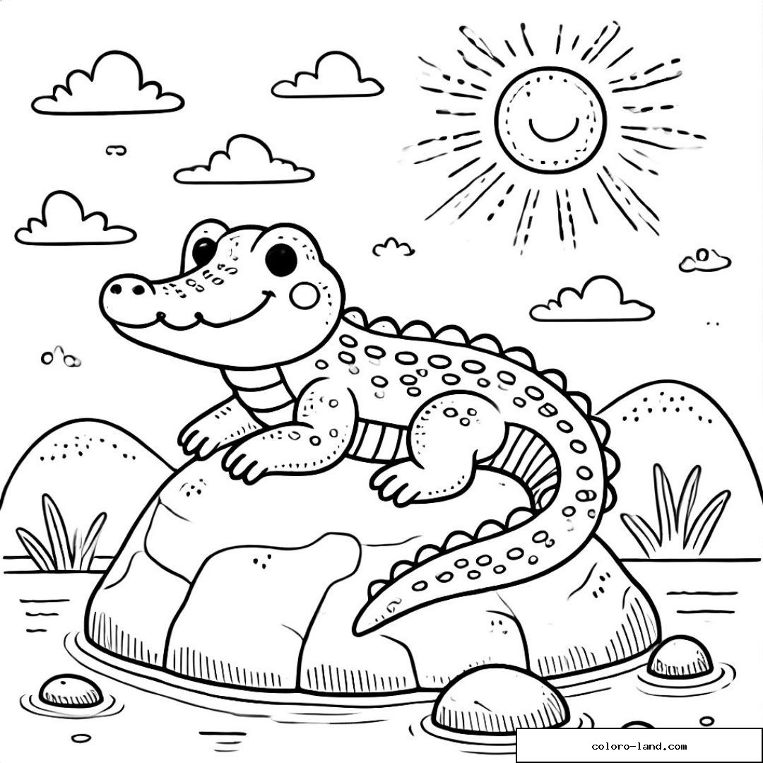 Crocodile tacheté grimpant sur un rocher sous un soleil souriant
