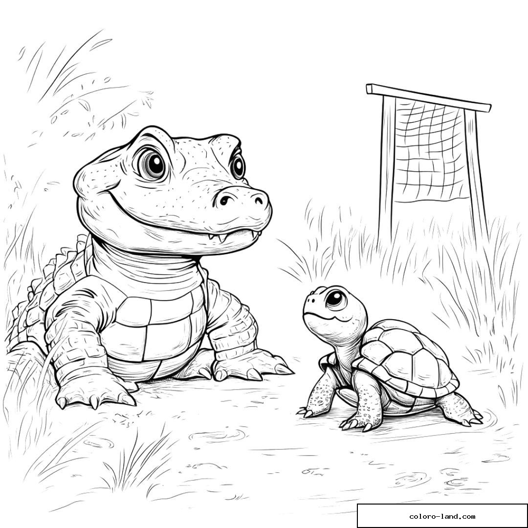 Alligator et petite tortue face à face devant un but de football