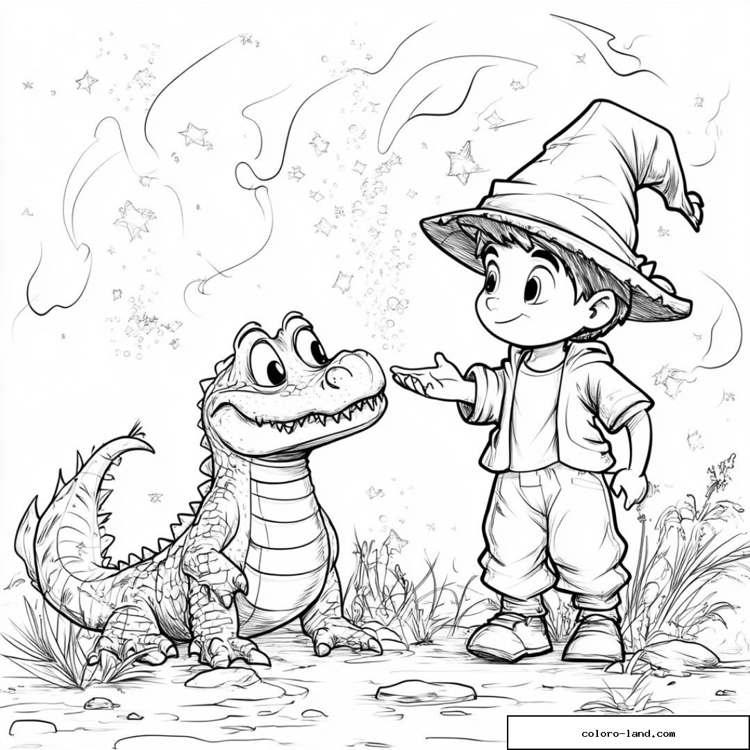 Jeune sorcier tendant la main vers un crocodile entouré d'étoiles
