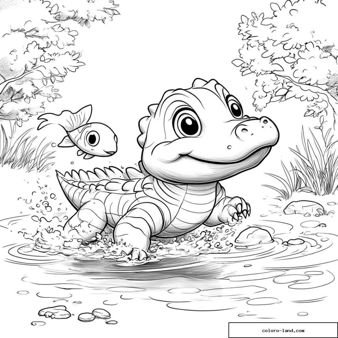 Petit crocodile pataugeant dans l'eau près d'un poisson