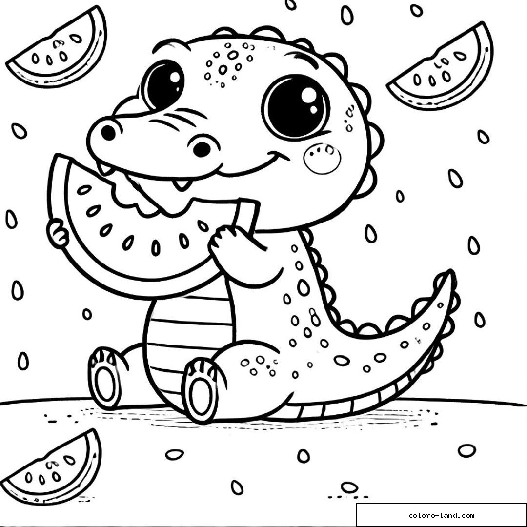 Petit crocodile croquant dans une grande tranche de pastèque