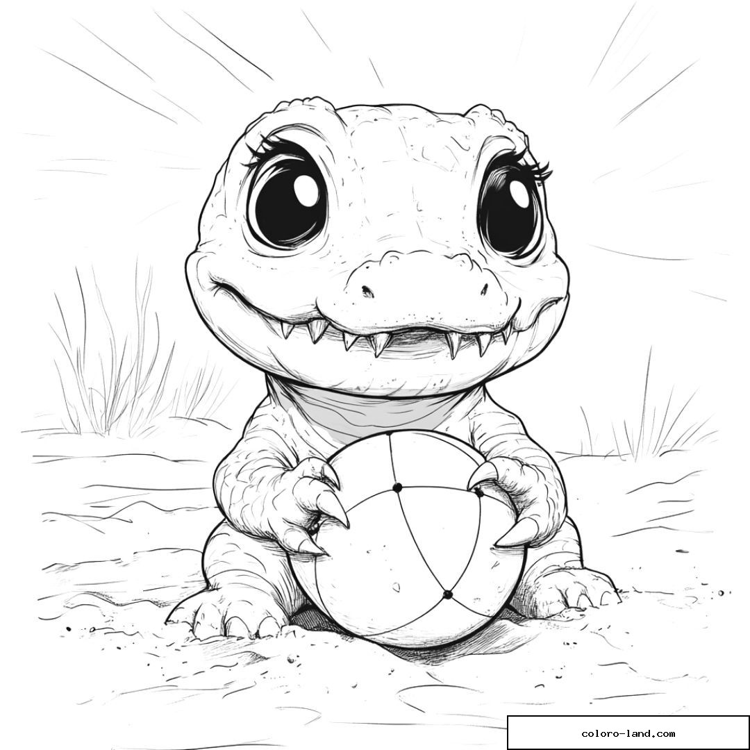 Petit crocodile tenant un gros ballon rond entre ses pattes