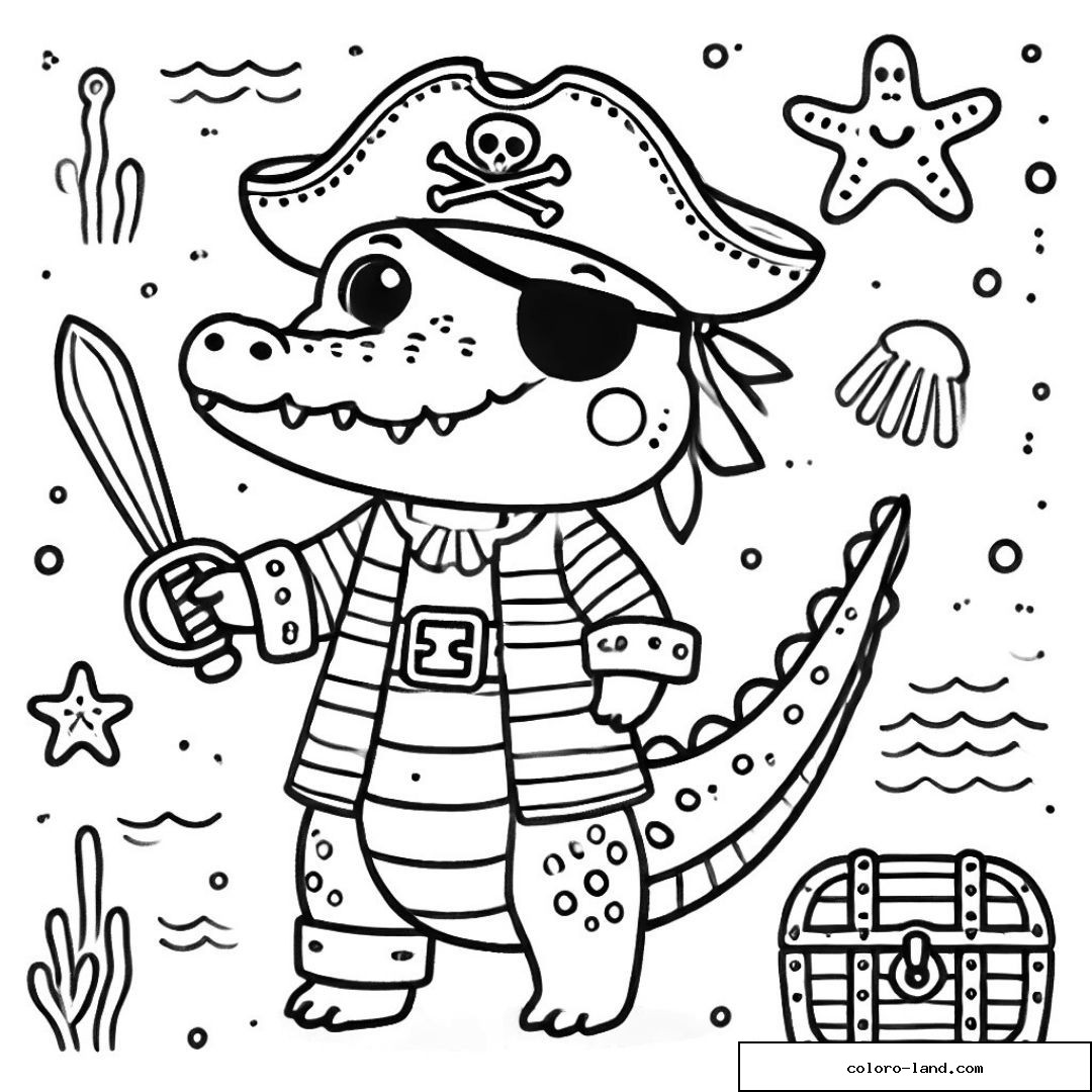 Crocodile pirate au sabre et cache-œil devant un coffre au trésor