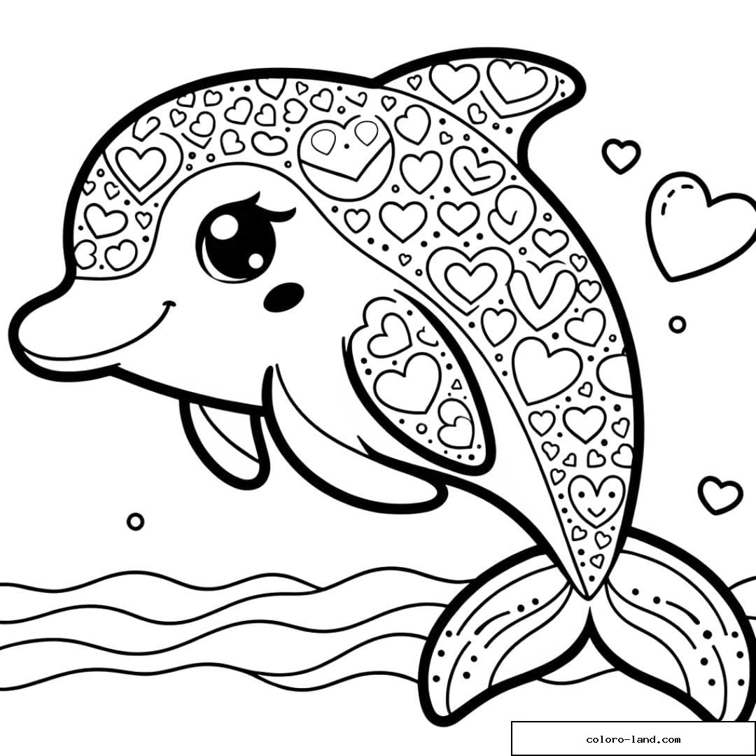 Coloriage d'un dauphin avec des motifs de cœur sur le corps
