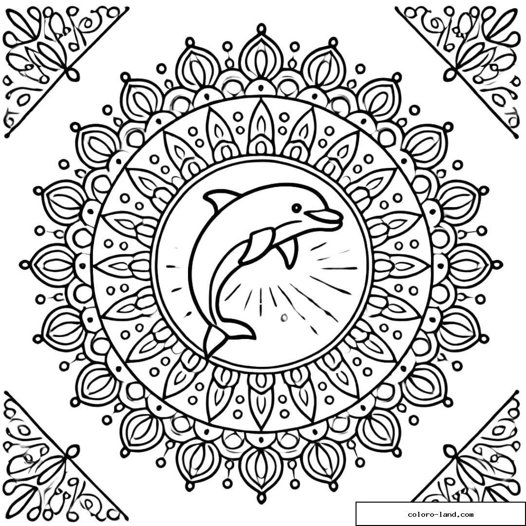 Coloriage dauphin au centre d'un grand mandala, dessin à imprimer.