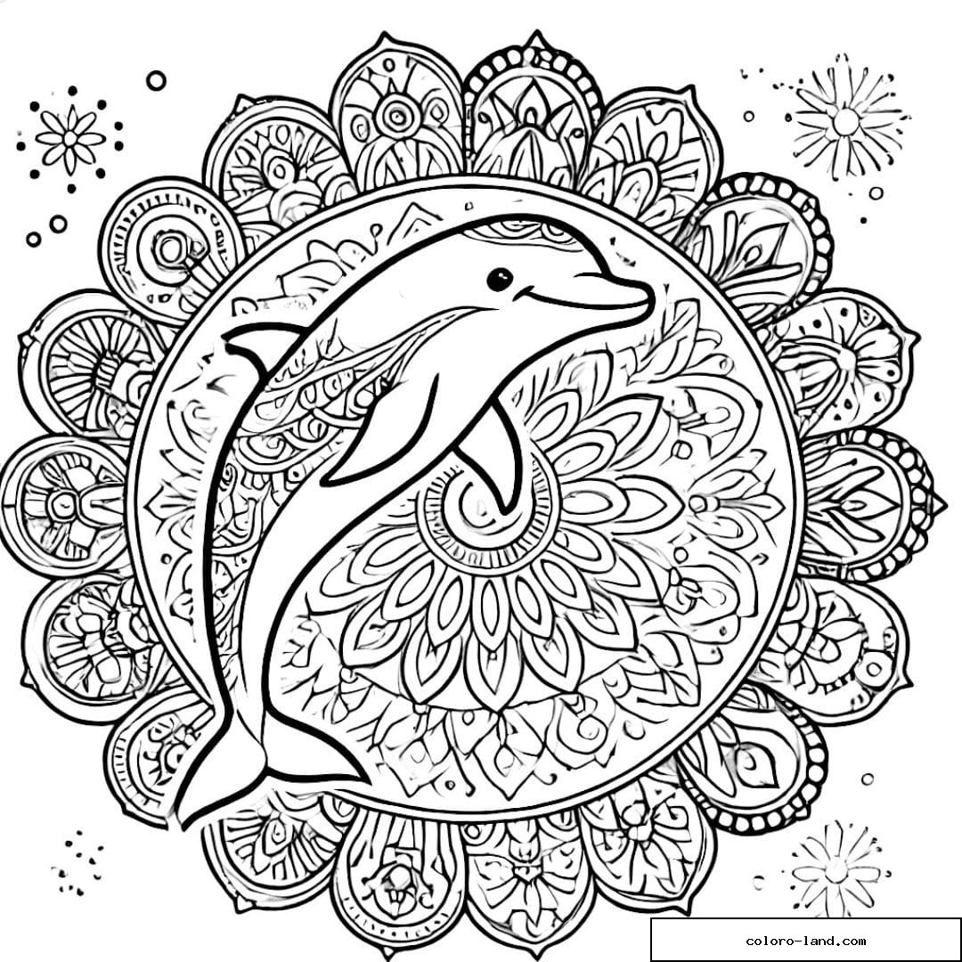 Coloriage dauphin entouré de motifs mandala, dessin à imprimer.