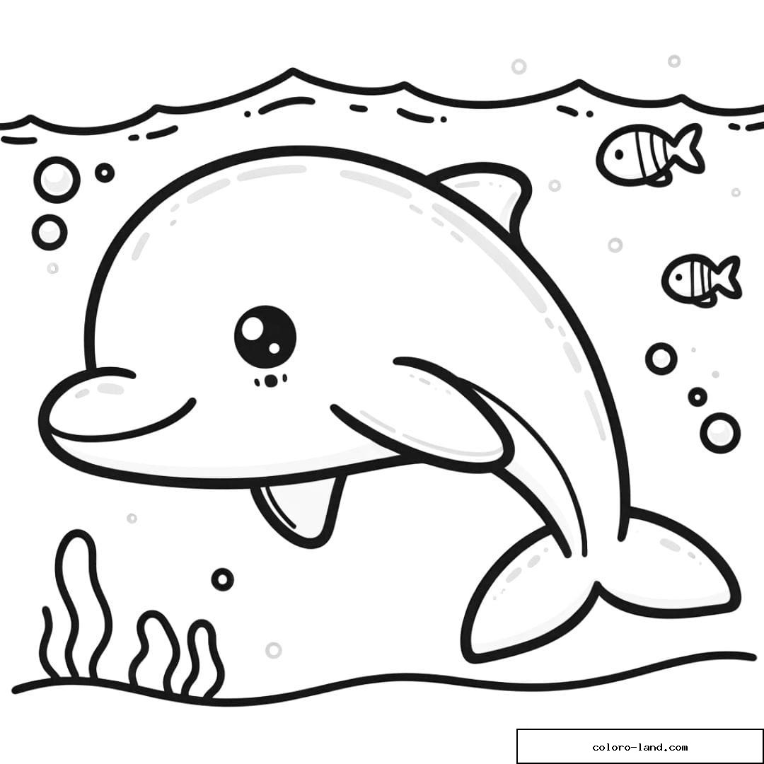 Coloriage d'un dauphin nageant avec des petits poissons