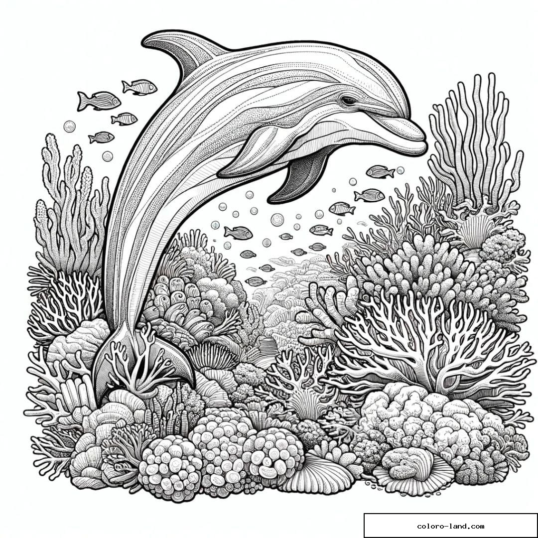 Dessin à colorier d'un dauphin avec un récif corallien
