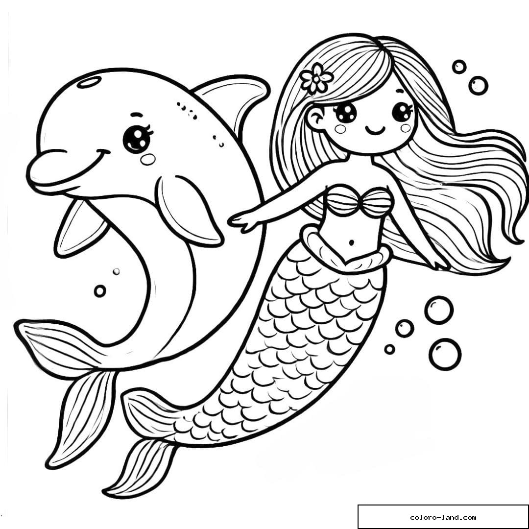 Coloriage dauphin et sirène nageant ensemble, dessin à imprimer.