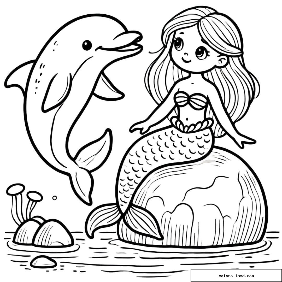 Coloriage dauphin et sirène discutant sur un rocher, dessin à imprimer.