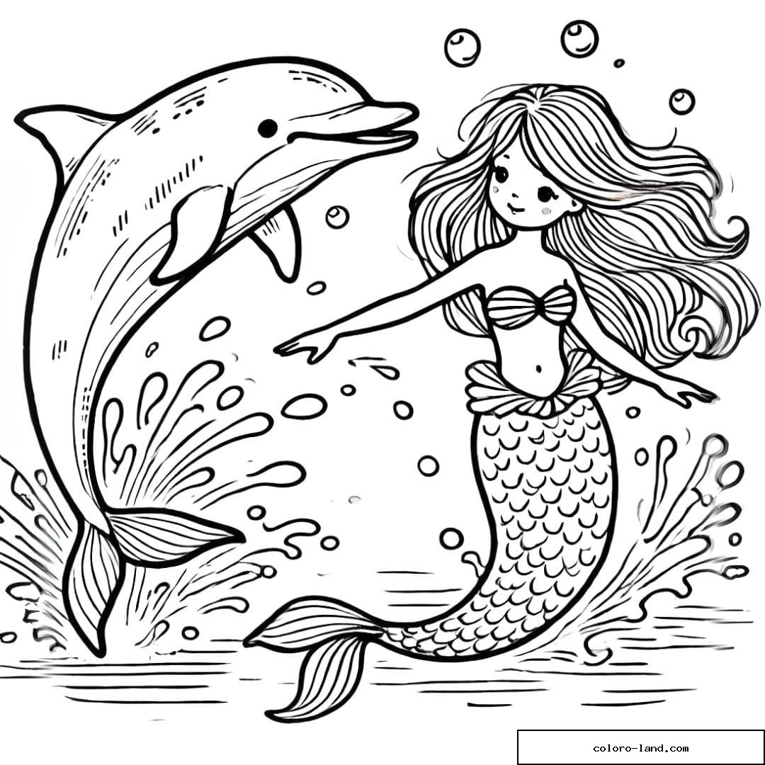 Coloriage dauphin et sirène s'éclaboussant, dessin à imprimer.