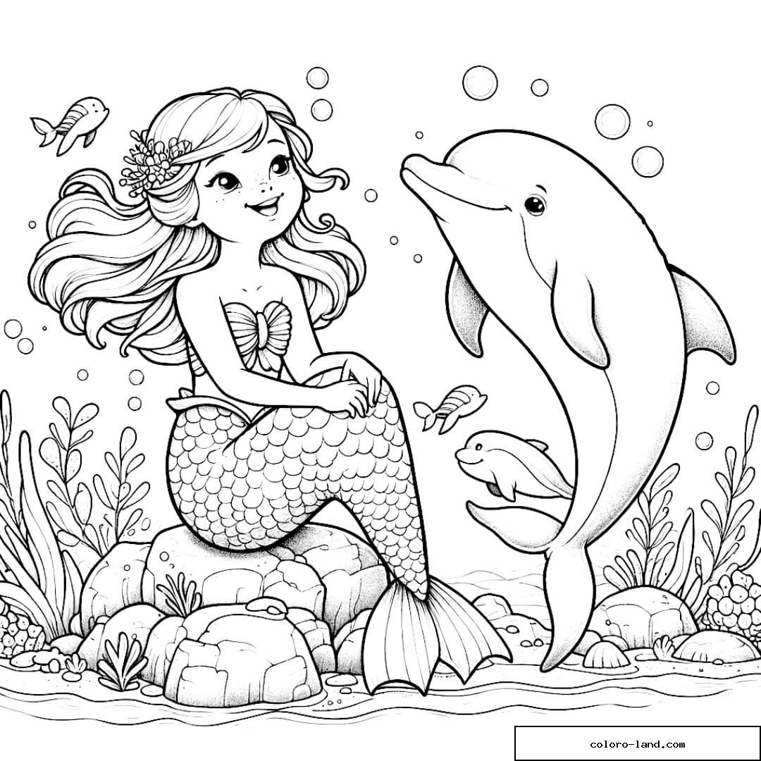 Coloriage d'une sirène et d'un dauphin partageant un moment