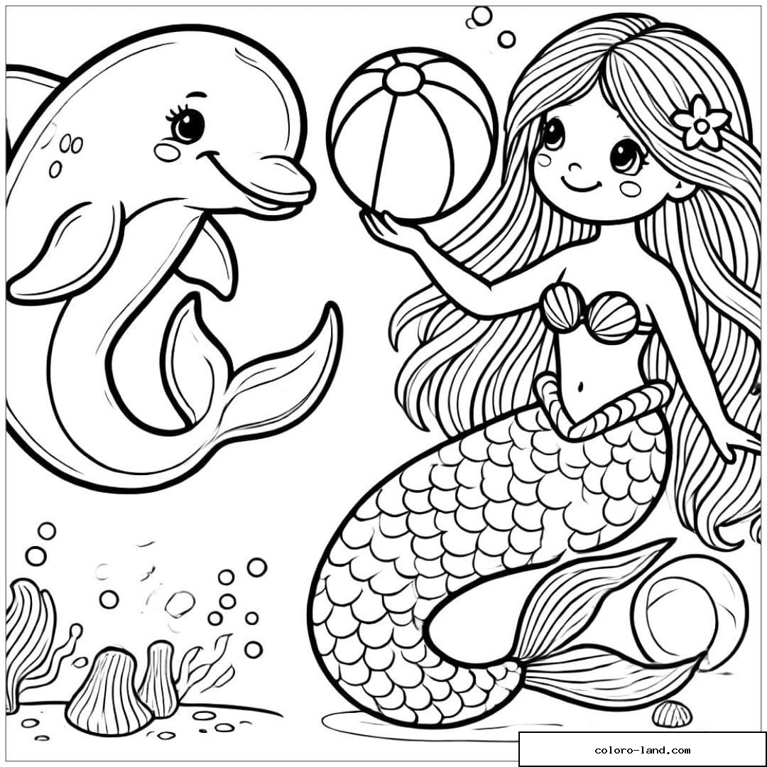 Coloriage dauphin et sirène jouant avec un ballon, dessin à imprimer.