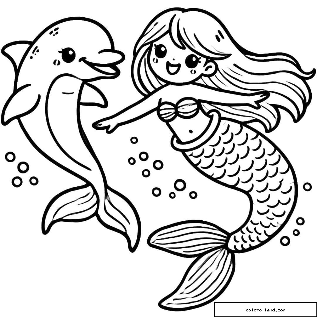 Coloriage dauphin et sirène nageant ensemble, dessin à imprimer.