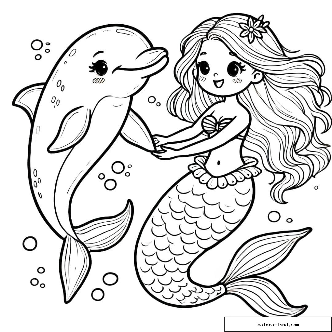 Coloriage dauphin et sirène se tenant la main et nageant, dessin à imprimer.
