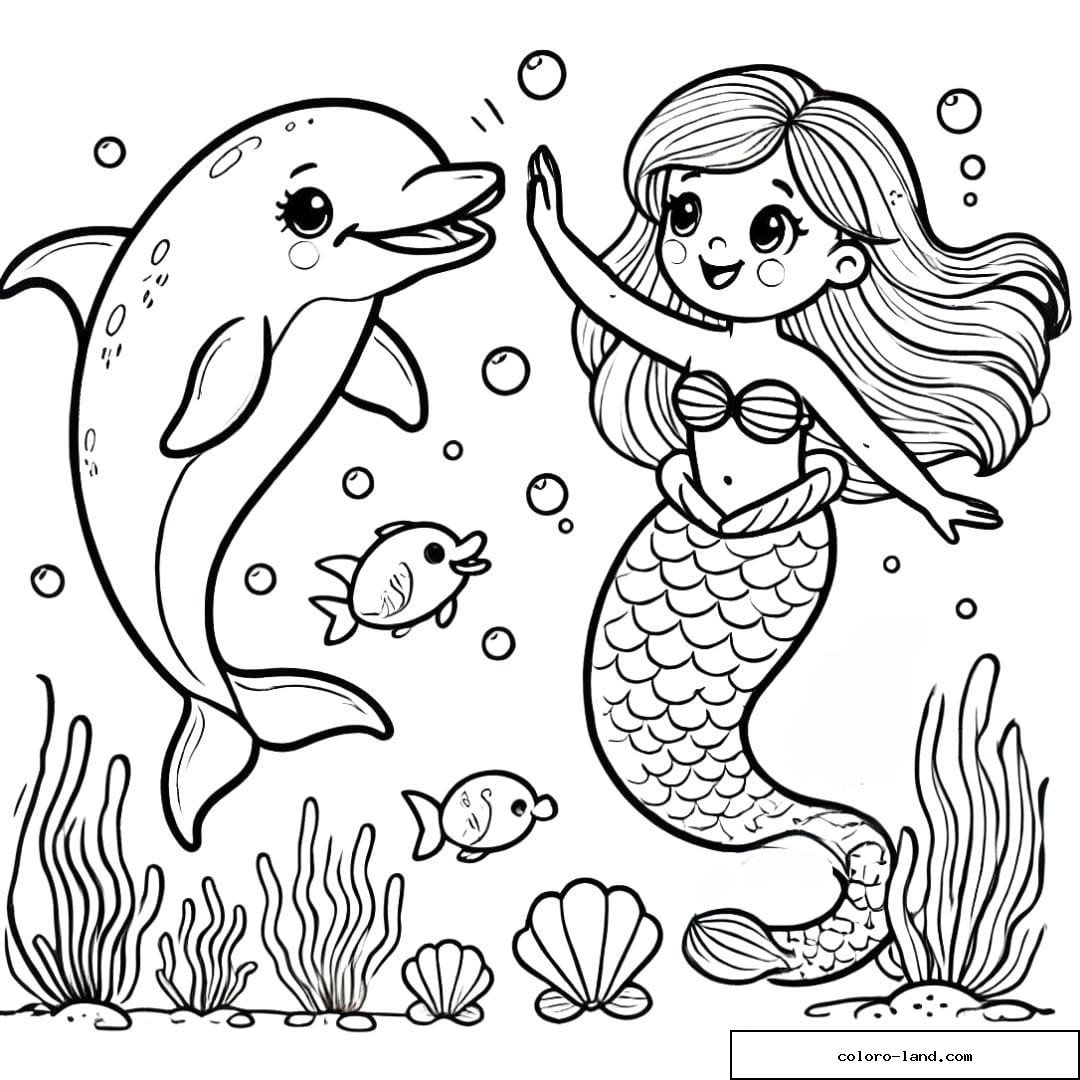 Coloriage dauphin et sirène tapant des mains sous l'eau, dessin à imprimer.