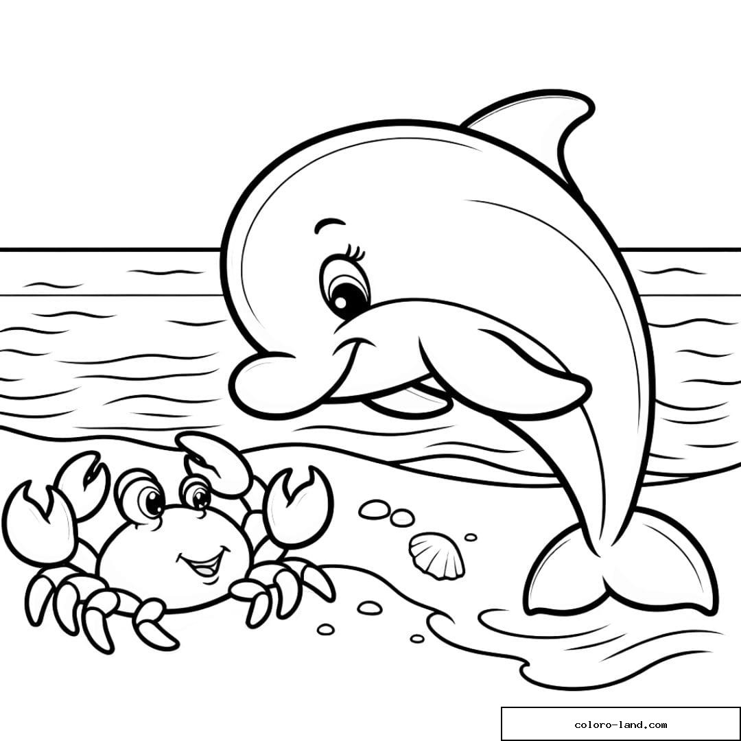 Coloriage d'un dauphin et d'un crabe sur la plage