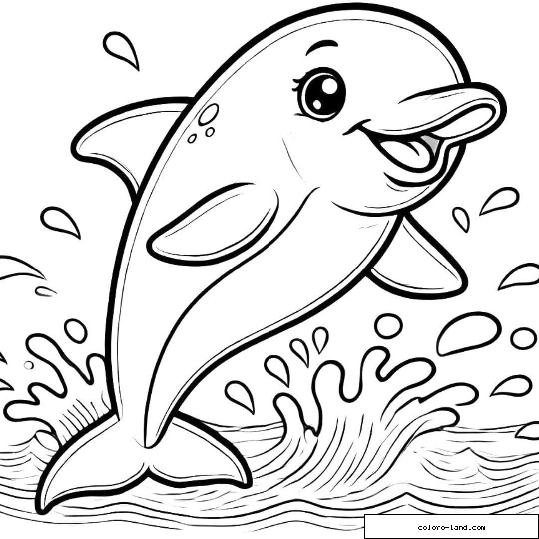 Coloriage dauphin souriant et éclaboussant l'eau, dessin à imprimer.