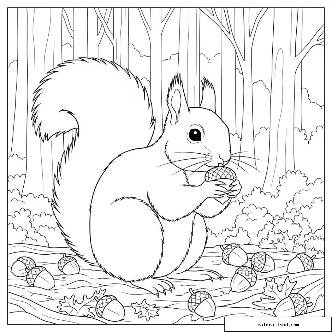 Dessin en noir et blanc d'un écureuil avec un gland dans les bois
