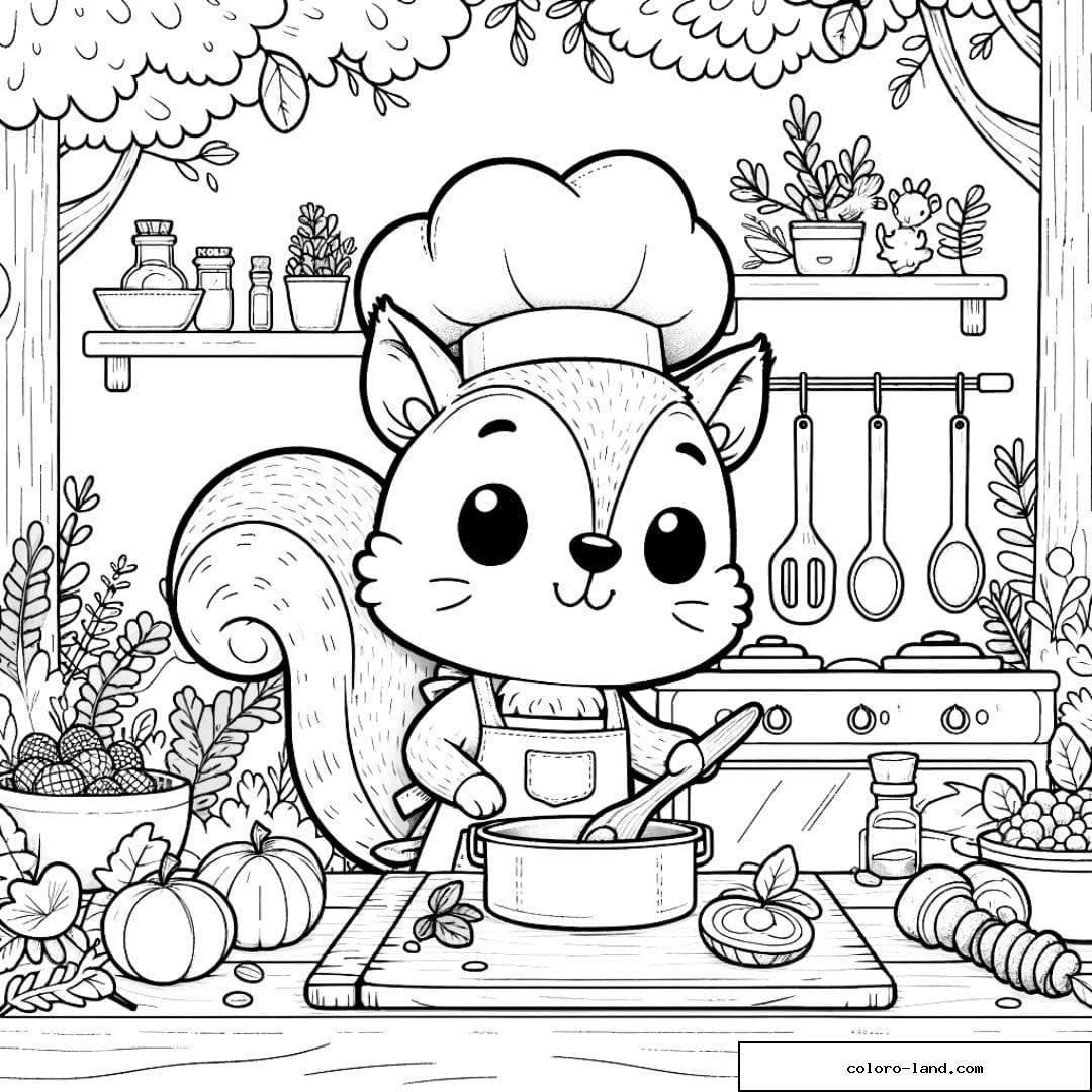 Coloriage d'un écureuil cuisinant dans une cuisine de forêt