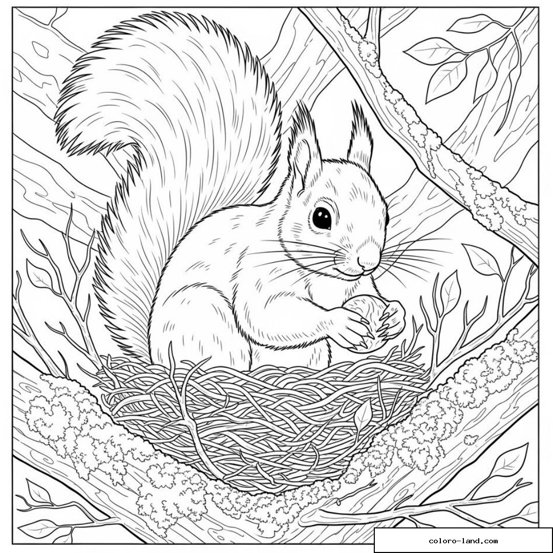 Écureuil mignon dans un nid sur une branche d'arbre à colorier