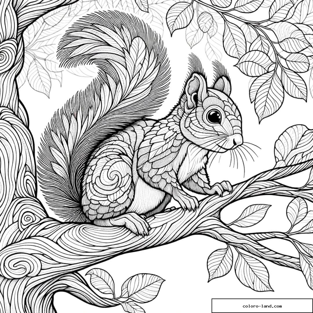 Dessin à colorier d'un écureuil perché sur une branche