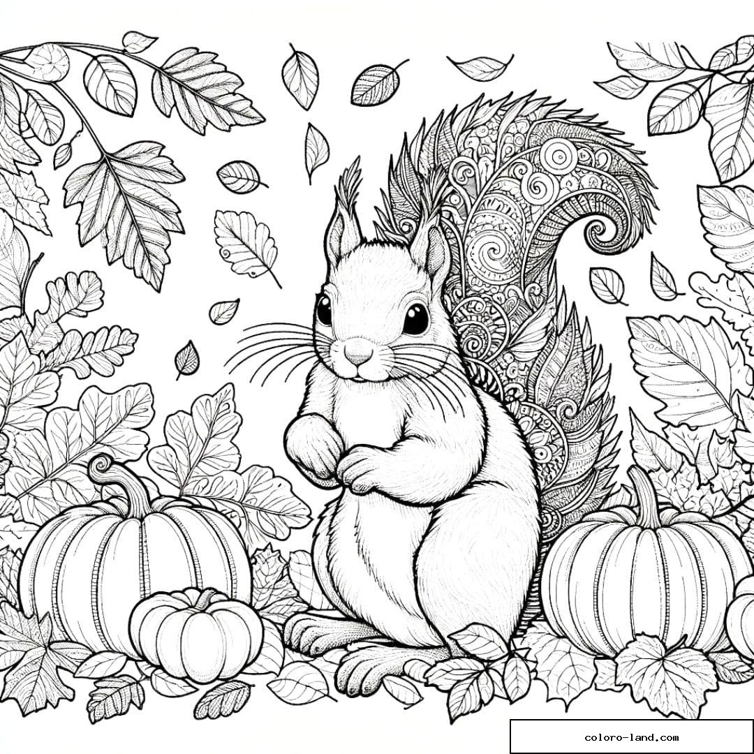 Dessin à colorier d'un écureuil en automne