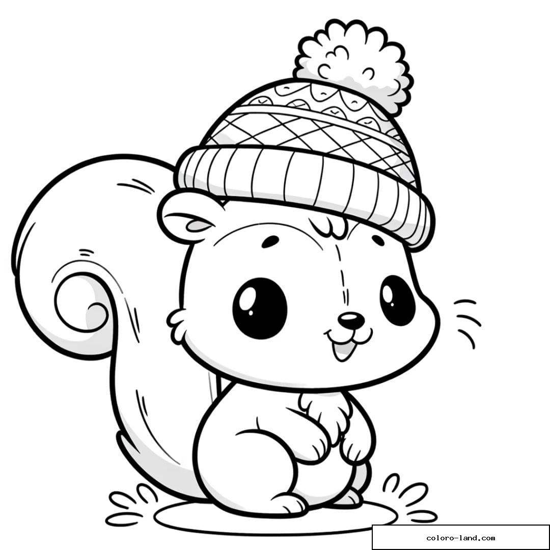Coloriage d'un écureuil en bonnet d'hiver pour enfants